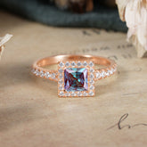 Princess Cut Alexandrite Engagement Ring Half Eternity Halo Promise Ring